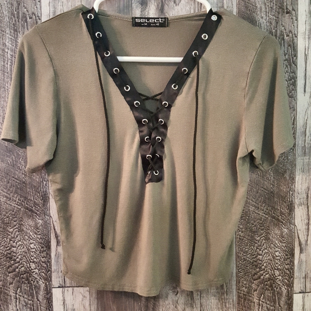 Grey / Green Crop Top Black Lace Up
